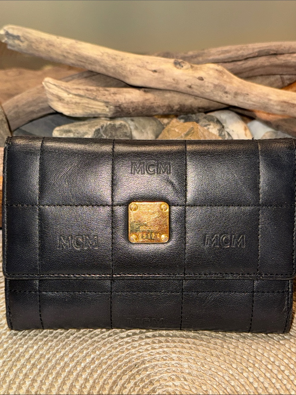 MCM Black Quilted Leather Fold Wallet with Gold Plaque